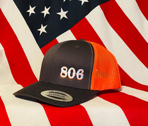 Charcoal 806 Snapback (Retro Logo (no steer) White and Neon Orange 806