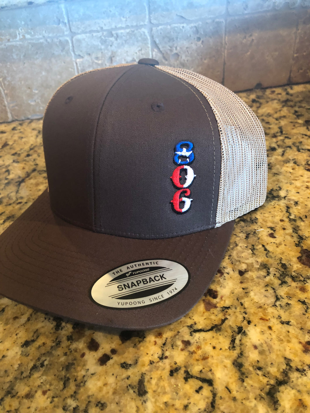 Brown and Khaki 806 Snapback Stacked (Vertical Logo)  Texas Flag Logo